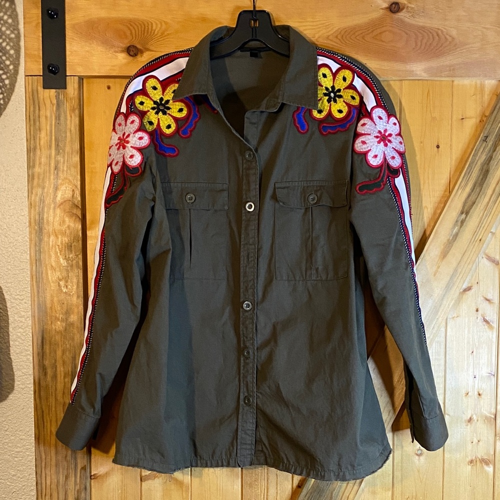 Topshop Olive Utility Jacket with Floral Embroidery